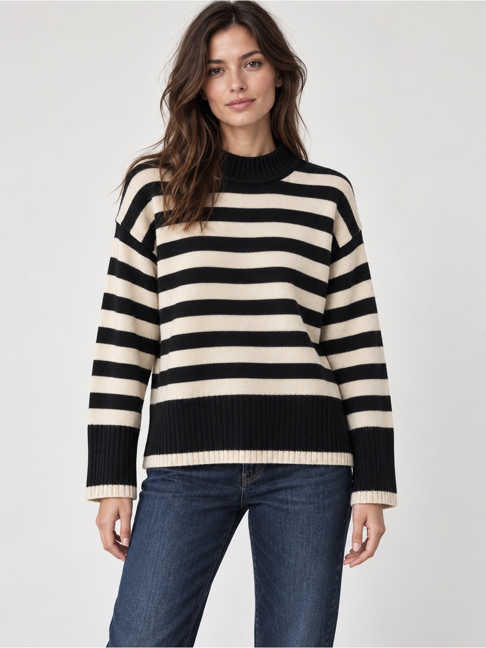 Zara Black & Cream Striped Knit Mock Neck Sweater XS